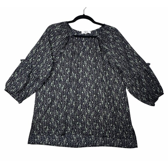 Beacon Apparel Black Green Floral Blouse Sz M 3/4 Sleeves Keyhole Flowy Fairy - Picture 11 of 12